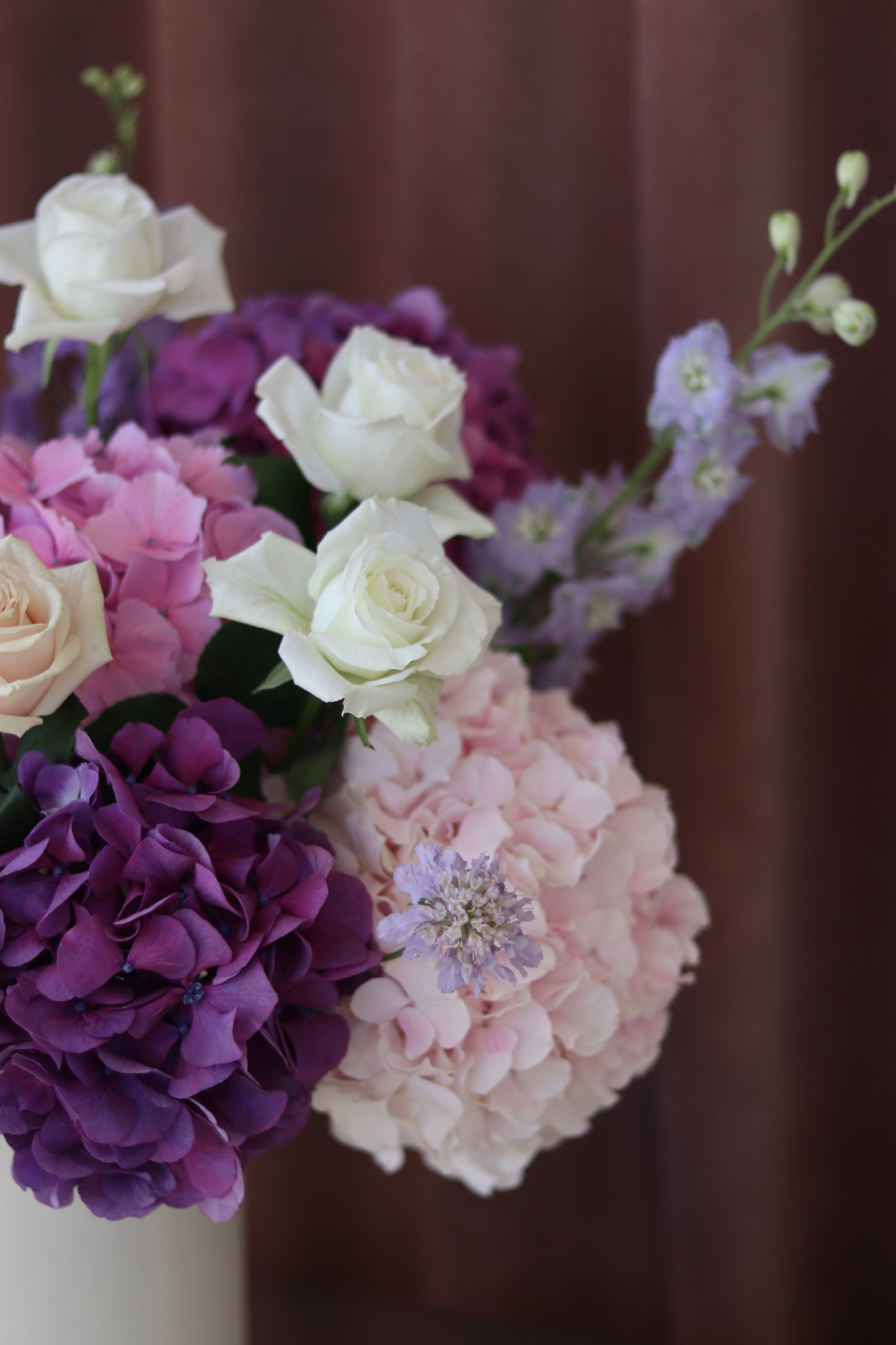 Pink Garden floral arrangement styled with blush pink and soft neutral flowers