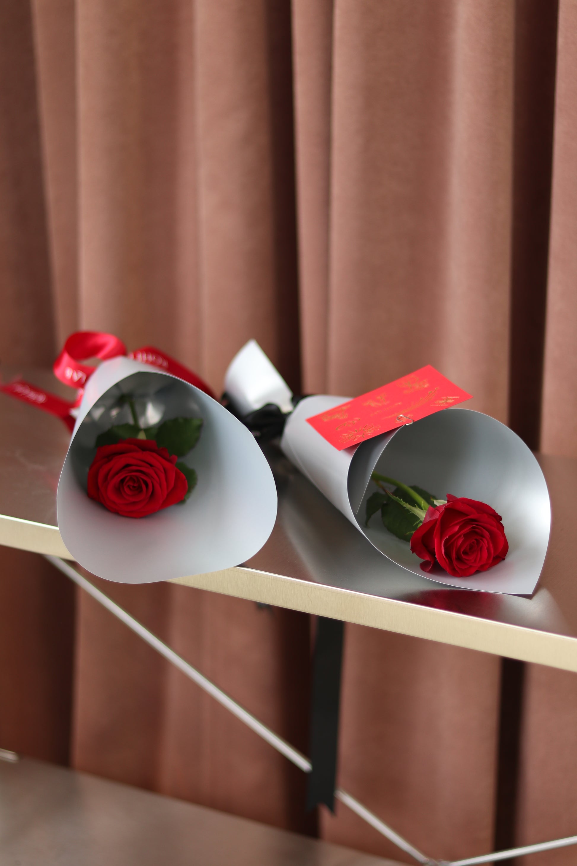 Single red rose wrapped in white paper for Valentine’s Day, Auckland flower delivery
